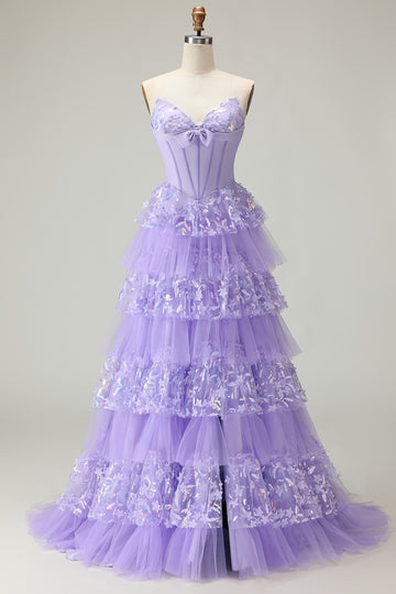Strapless Tiered Purple A Line Prom Dress with Appliques